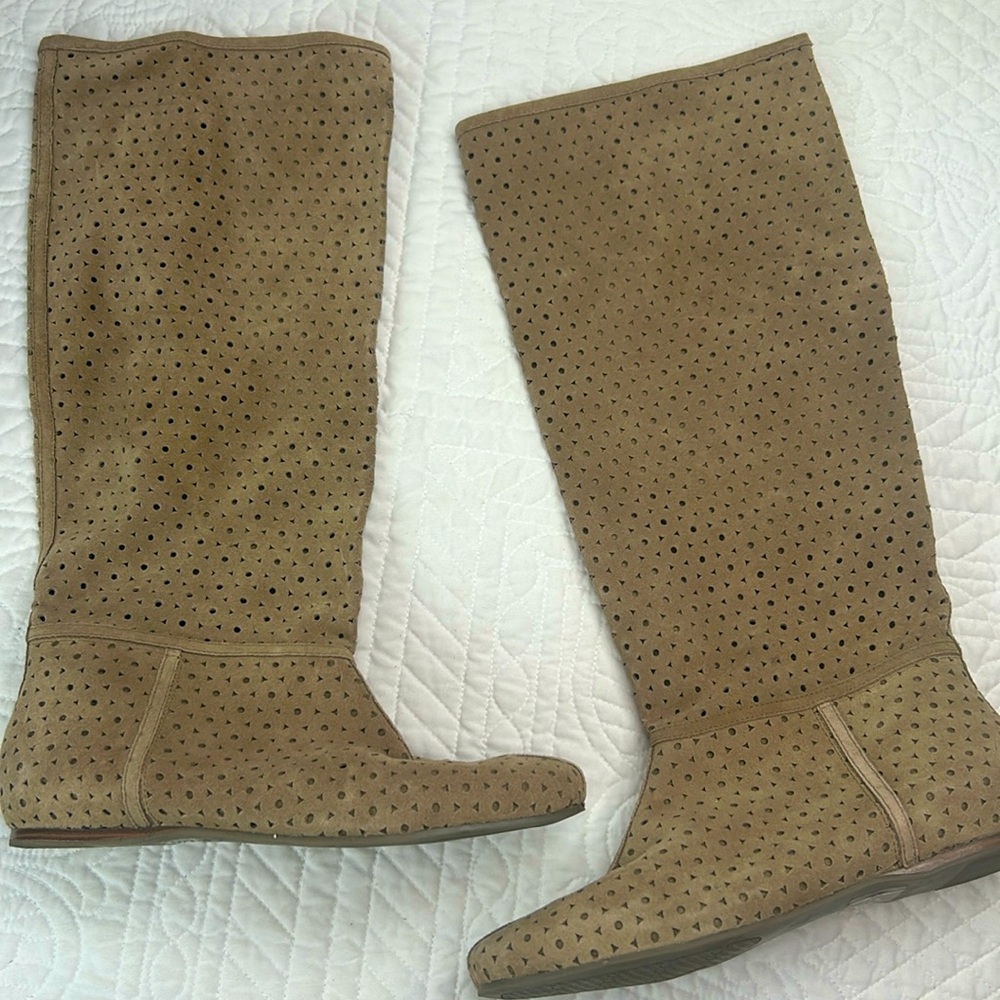 Arturo Chiang Tan Perforated Knee-High Boots